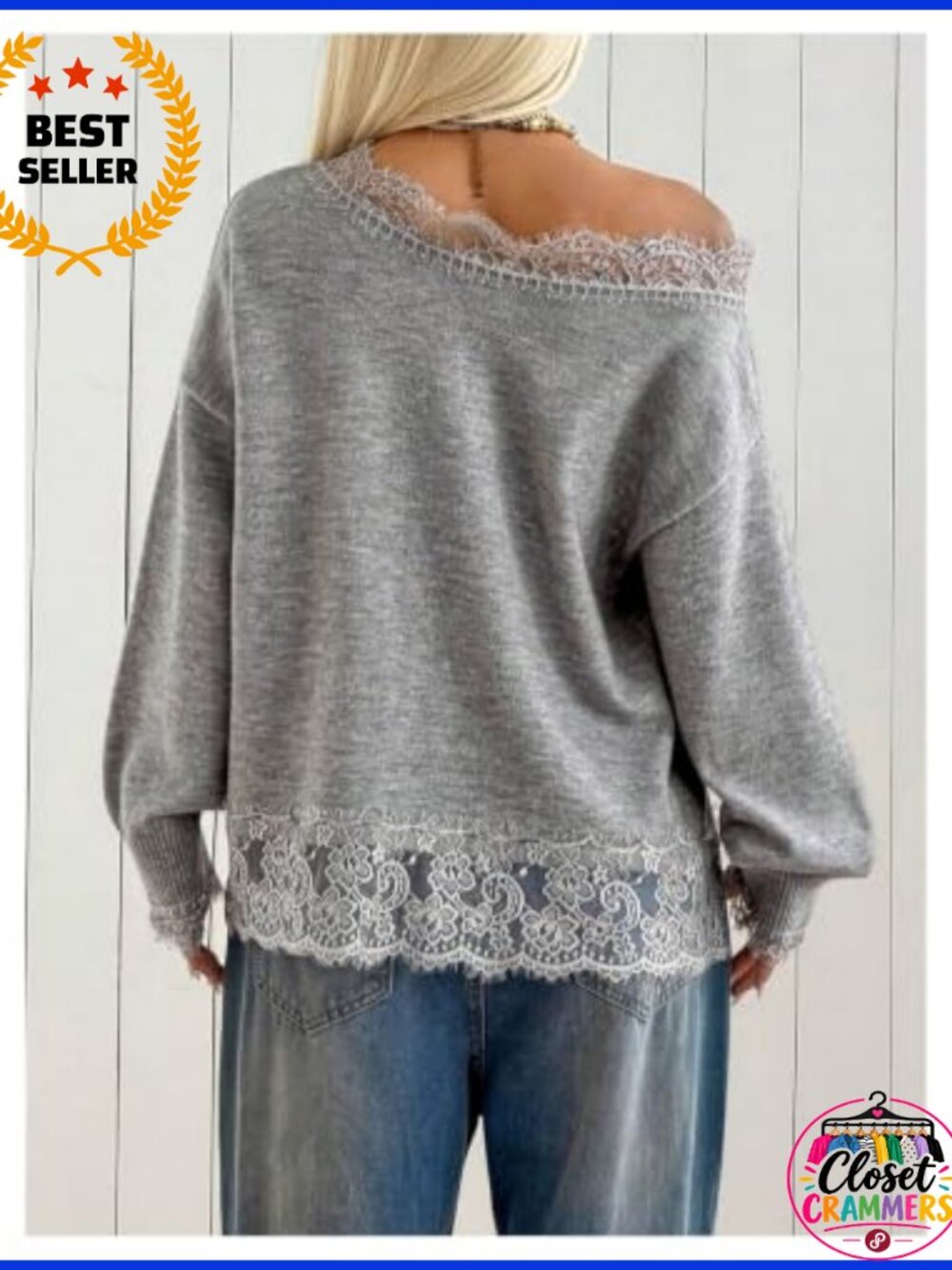 Lace Off Shoulder Sweater Long Sleeve Knit Top Loose Fit - Picture 2 of 4